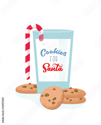 chocolate cookies for Santa and glass of milk. Christmas greeting card or invitation. Winter illustration