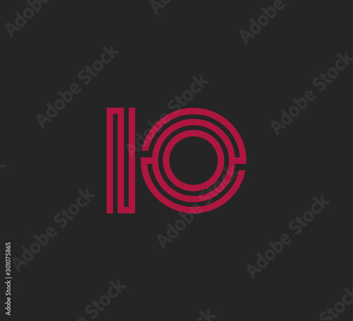 Initial two letter red line shape logo on black vector IO