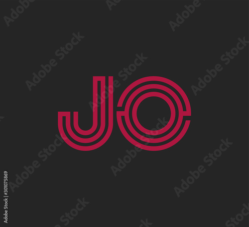 Initial two letter red line shape logo on black vector JO