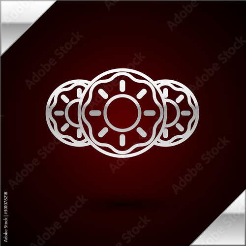 Silver line Donut with sweet glaze icon isolated on dark red background. Vector Illustration