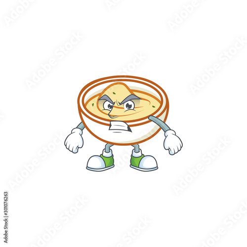 Mashed potatoes with annoyed character on white background