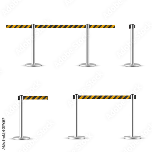 Retractable belt stanchion set, portable ribbon barrier.
