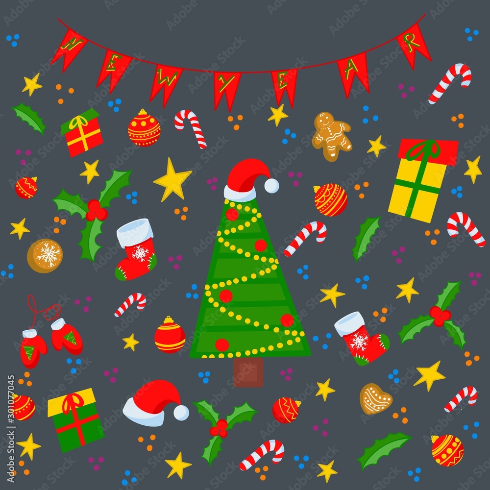 Set of Christmas or new year items. Christmas tree, sweets, balls, stars, gifts, Santa hat, and other items. Flags with the inscription new year. Set of Christmas or new year items. Christmas tree, sweets, balls, stars, gifts, Santa hat, and other items. Flags with the inscription new year.
