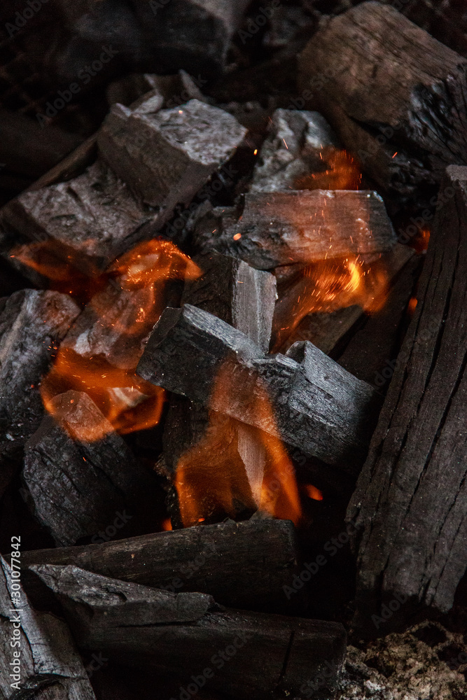 Charcoal burns in the grill Charcoal burns in the grill