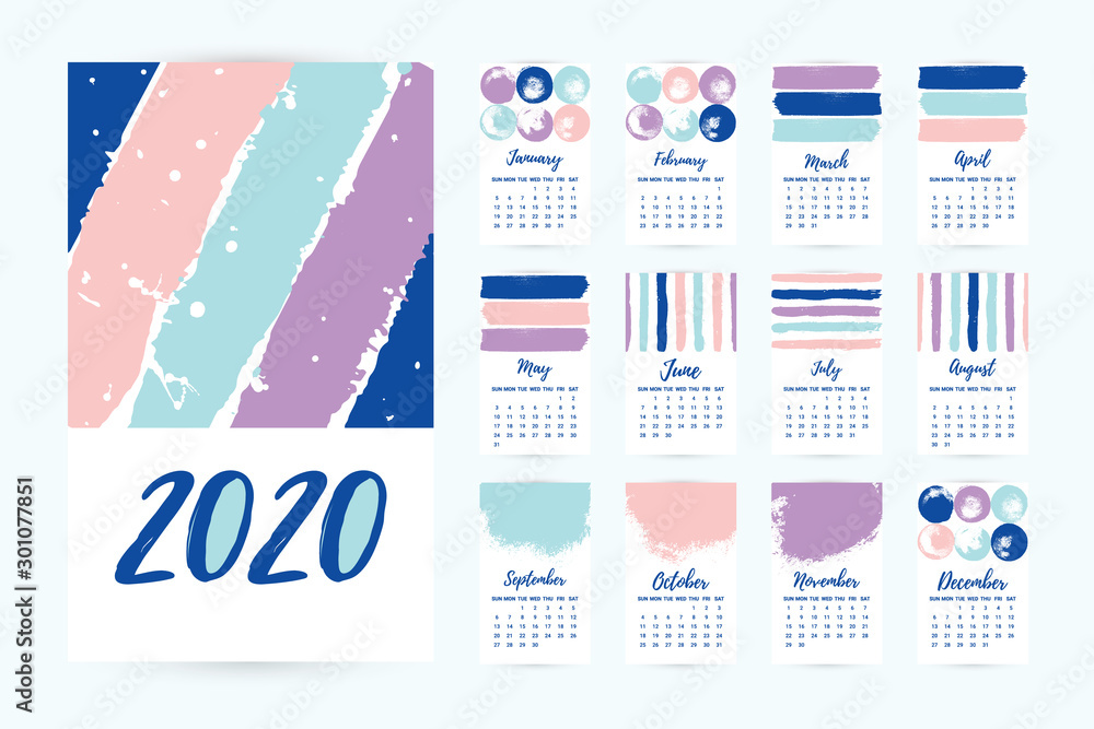 Vector Hand drawn Calendar 2020. Set of 12 Months. Creative colorful design template with messy ink grunge texture. Week starts Sunday