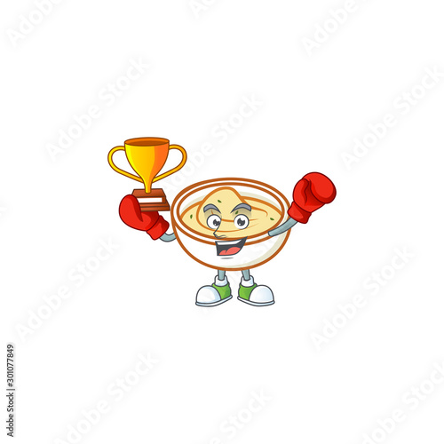 Mashed potatoes in bowl with boxing winner character