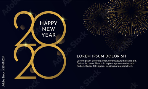 Happy new year 2020 typography text celebration poster design. glowing golden number with gold fireworks explosion element and dark sky background vector illustration.