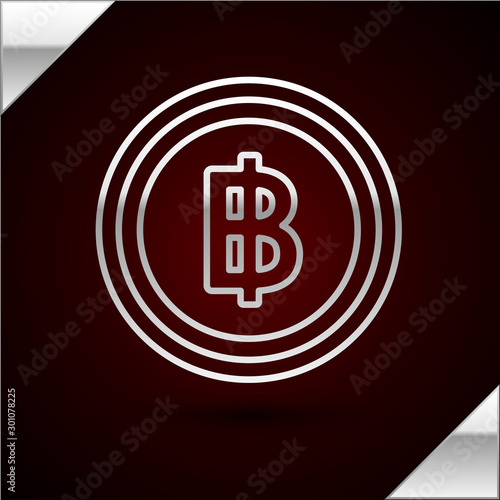 Silver line Cryptocurrency coin Bitcoin icon isolated on dark red background. Blockchain technology, bitcoin, digital money market, cryptocoin wallet. Vector Illustration