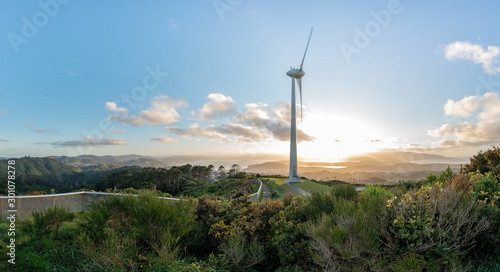 Panoramic of wind turbine above Wellington, New Zealand
