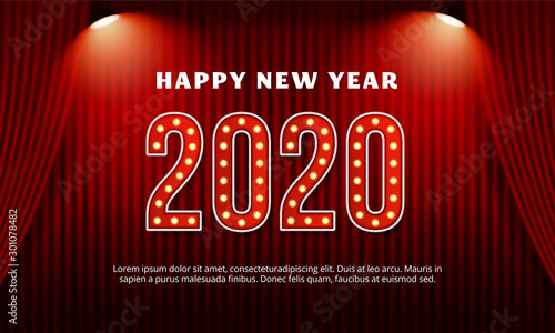 Happy new year 2020 billboard typography text celebration poster design. Red curtain theater stage background with spotlight effect vector illustration