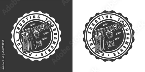 Original monochrome vector emblem with the image of a gun and bullets in retro style.