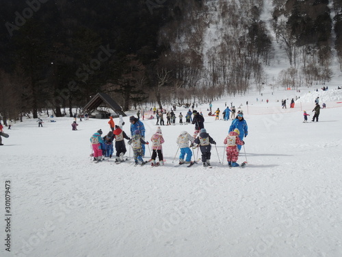 子供のスキー教室 横 スキー場 雪 ゲレンデ 冬 子供 背中 練習 雪遊び スキー スポーツ キッズ スクール 習う ウィンタースポーツ ホワイトスペース 余白 コピースペース