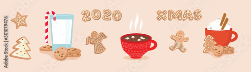 set of winter drinks, phrases and gingerbread cookies. Winter set for Christmas or New Year designs.