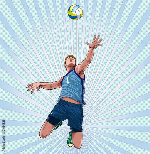 A man plays volleyball to jump high as point Illustration vector On pop art comics style Abstract dot background