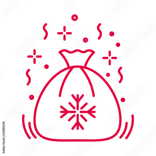 Santa sack with Christmas presents linear icon in red