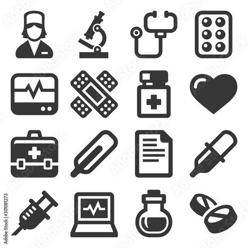 Health and Medical Icons Set on White Background. Vector