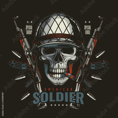Original vector illustration in retro style. Military skull on the background of automatic weapons. T-shirt or sticker design.