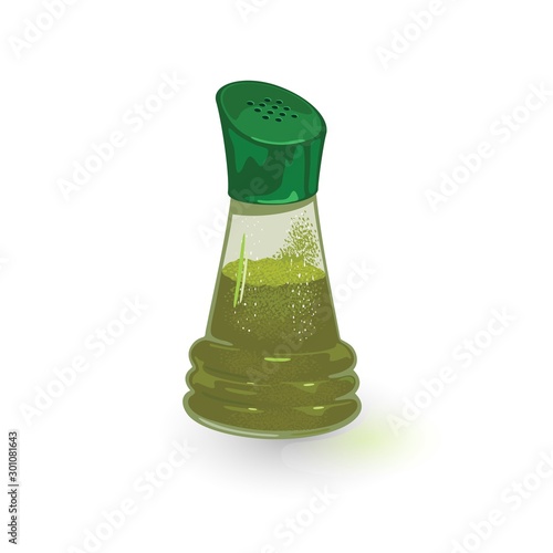 Green garam masala in glasses shaker, tin with plastic lid. Ground aromatic indian spices are in transparent small pepper caster, jar. Cartoon vector illustration isolated on white background.