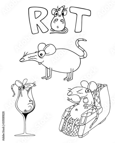 Line art rat or mouse. Set of four Illustrations isolated on flat white background for kids book or for chinese new year of the rat. Hand drawn outline pack for children