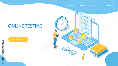 Landing page with design template for online testing. Concept of online exam, questionnaire form, online education, survey, internet quiz. Isometric vector illustration.