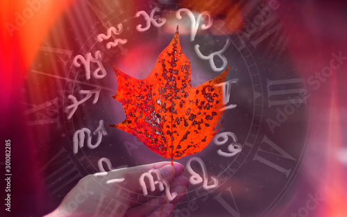 Autumn leaf and astrological zodiac symbols