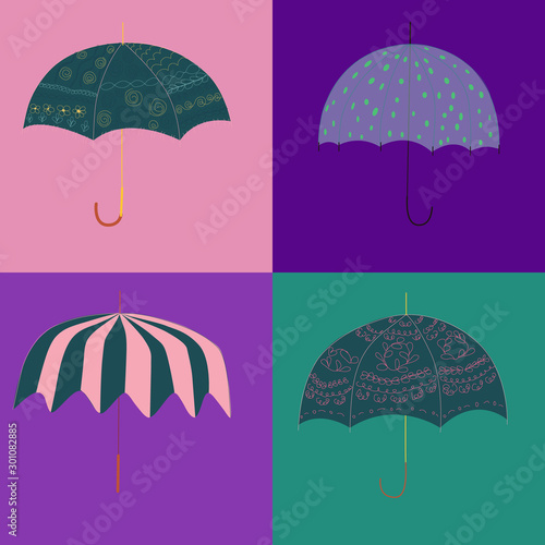 Set of open umbrellas in retro style. photo