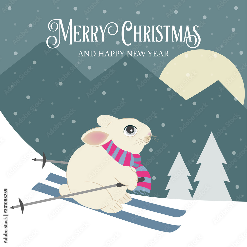 Fototapeta premium Beautiful retro Christmas card with rabbit skier. Flat design. Vector