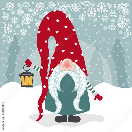Christmas card with  gome and his lantern. Flat design. Vector