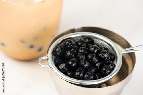 tapioca ball, boba in bubble tea, jelly ball, bubble milk tea ingredient.