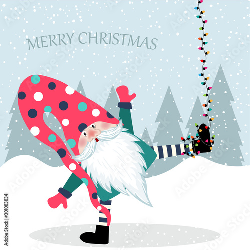 Beautiful flat design Christmas card funny gnome hanging. Christmas poster.