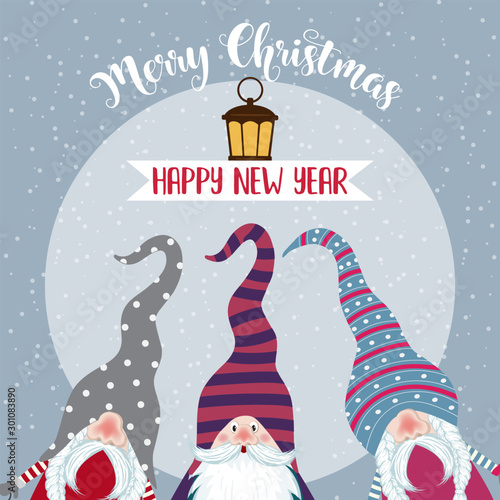 Christmas card with cute gnomes and wishes. Flat design. Vector