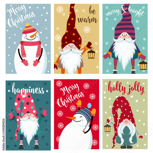 Christmas card collection with snowman and gnomes. Labels. Stickers.