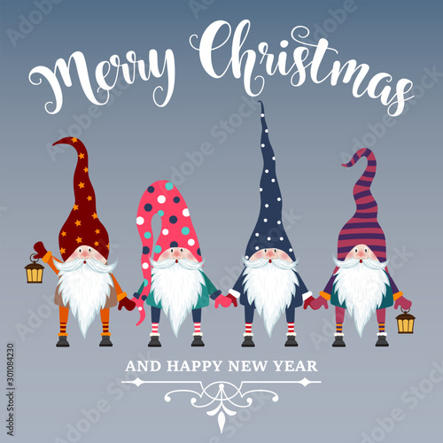 Beautiful flat design Christmas card with gnomes. Christmas poster. Print. Vector