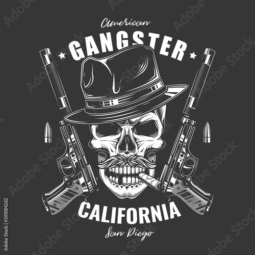 Original monochrome vector illustration. Angry skull bandit in hat on background of two pistols with silencers. T-shirt or sticker design.