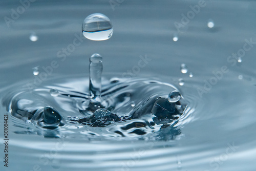 Beautiful splash of water drop on water surface, macro photo