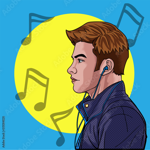 Men listen to music from headphones with mobile phones Happiness of music Illustration vector On pop art comics style Abstract dot background