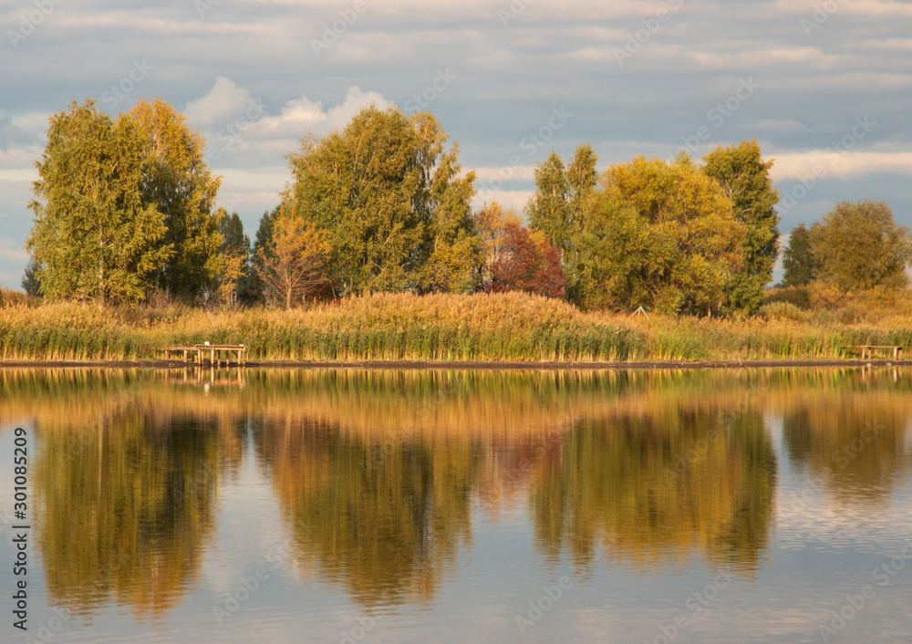 autumn landscape with trees with reflection autumn landscape with trees with reflection