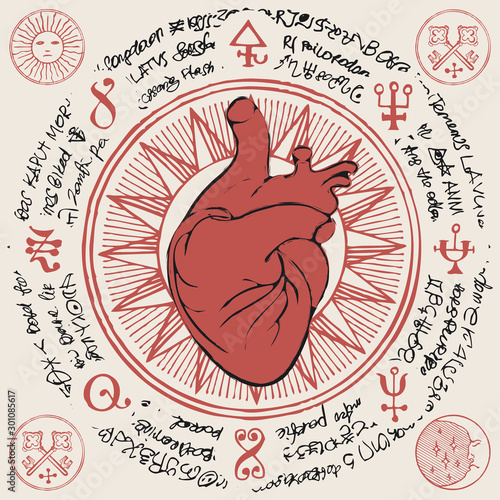 Vector illustration with red human heart, ancient hieroglyphs, medieval runes, spiritual symbols. Banner, mascot with old unreadable scribbles written in a circle on a beige background.