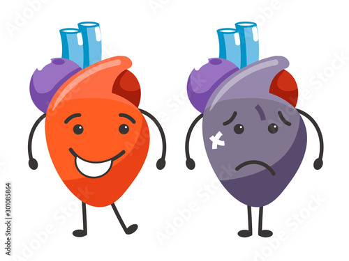 Healthy vs sick heart human organs condition comparison
