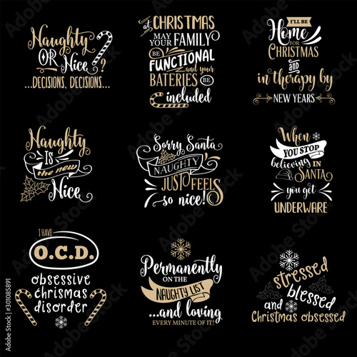 Christmas quotes collection isolated on black. Vector