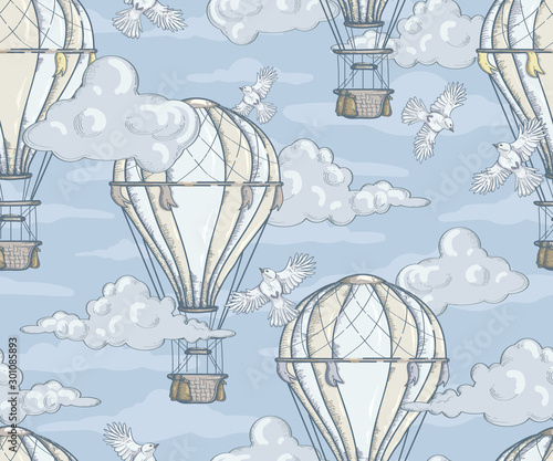 Seamless pattern with balloons, birds and clouds