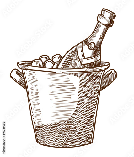 Champagne bottle in ice bucket hand drawn sketch illustration