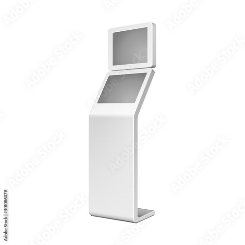 Outdoor White. Payment Terminal. ATM, POS, POI Advertising Stand On White Background. 3D Mock Up, Template. Illustration Isolated On White Background. Vector EPS10