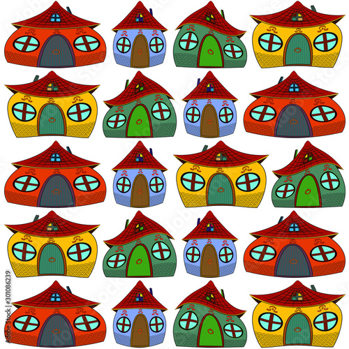 Many colorful houses with a funny convex shape. A row of houses with round windows, a wooden door and dark red tiles. Dwellings from a fairy tale are convex.