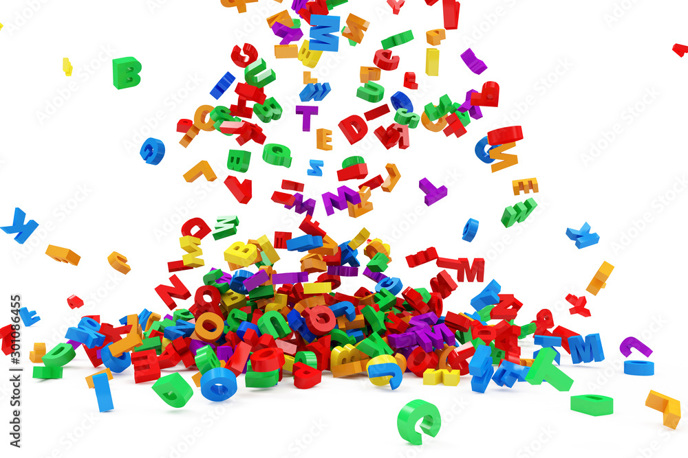 Heap of Colorful Letters Falling on white background. Education Concept