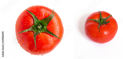 ripe red tomatoes one big with water droplets. isolated on a white background сlose up. top view.