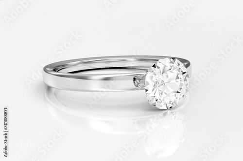 White Gold Ring with Diamond on white reflective background