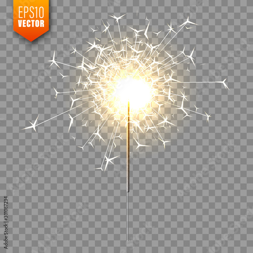 Realistic Christmas sparkler on transparent background. Bengal fire effect. Festive bright fireworks with sparks. New Year decoration. Burning sparkling candle. Vector illustration.