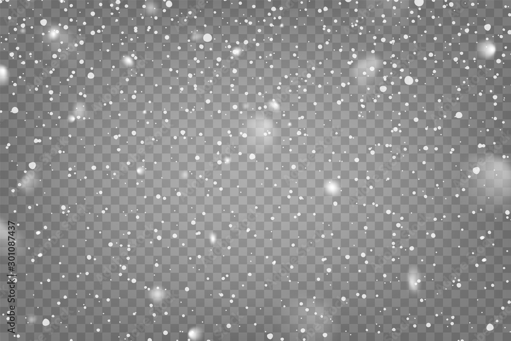 Realistic falling snow with snowflakes and clouds. Winter transparent background for Christmas or New Year card. Frost storm effect, snowfall, ice. Vector illustration.