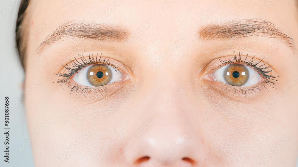 Obraz premium Macro image of human eye with contact lens. Woman's eye close-up. Human eye with long eyelashes with mascara. Cosmetics and makeup.